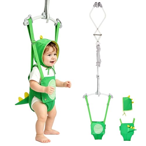 FUNLIO Baby Door Jumper for 6-24 Months (with Door Clamp) Baby Jumper Doorway with Strong Spring & Adjustable Strap Portable Infant Door Bouncer Bearing 40 Lbs Green Dinosaur