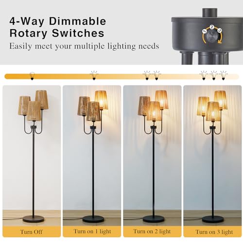 RORIANO Boho Floor Lamp for Living Room, 3-Light Rotary Switch Farmhouse Standing Bedroom Lamp with Rattan Shade, Tall Floor Lamps for Rustic, Coastal, Beach or Bohemian Decor, 3 LED Bulbs Included - Image 3