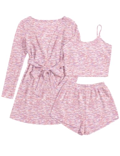 Image of Ekouaer Pajamas for Women Set 3 Piece Lounge Set Soft Pajama Sets Waffle Knit Tank Top and Shorts Cardigan with Pockets S-XXL