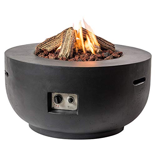 M A N I A Feuertisch für den Garten - Gas Feuerstelle ohne Rauch, Funken, Glut & Asche - Gaskamin Outdoor mit 19,5 kW in Betonoptik schwarz 91 x 91 x 46 cm - Gasfeuerstelle Terrassenkamin Kaminfeuer