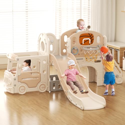 Lnhcrbs Escorregã, escorrega infantil com escada para Trepar, cesta de basquetebol, locomotiva, binóculos e trombeta, o escorrega é adequado tanto para exterior como para interior, a partir de 1 ano