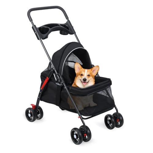 Dog Stroller,Outdoor Travel Pet Folding Stroller with Cup Holder,Breathable Visible Mesh Pet Pushchair,4 Wheels Cat Pram for Small Medium Dogs Cats Black