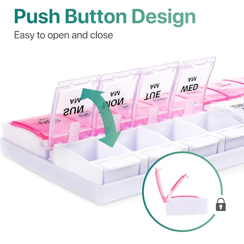 Image of Sukuos AM PM Weekly Pill Organizer 7 Day, 2 Times A Day Medicine Pill Box with Easy Push Button, BPA Free Vitamin Cases for Fish Oil /Supplements (Pink&White)