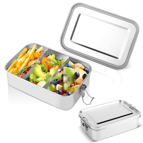 UTOCLEC Brotdose Edelstahl, 1400ml Lunchbox Auslaufsicher mit 2 Trennbaren Fächern, Brotzeitdose mit Dichtring, Lunch Box, Umweltfreundlich & BPA-frei Metall Bento Box für Erwachsene & Kinder