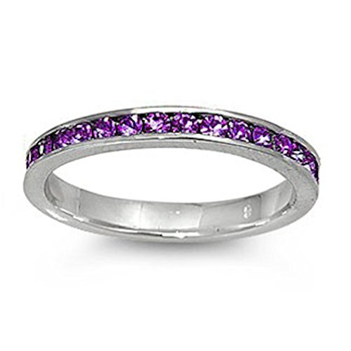 Oxford Diamond Co Simulated Amethyst Cubic Zirconia Stackable Eternity Wedding Anniversary Band .925 Sterling Silver Ring Sizes 7