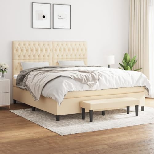 Ordellia Cama con somier con colchón, tela crema, 180 x 200 cm, cabecero regulable en altura, colchón de muelles ensacados