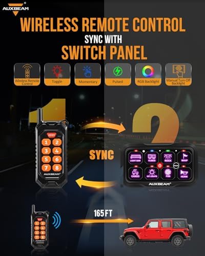 Auxbeam 8 Gang Switch Panel RC-800 RGB Wireless Remote Control Switch Pod Toggle Momentary Pulsed Switch Box with Backlit off and Auto Dimmable for Camper Offroad Car Truck Waterproof 2 Years Warranty