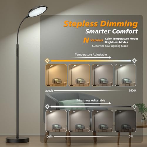 Image of Floor Lamp, 18W Bright LED Floor Lamps for Living Room with Diamond-Surface, Stepless Adjustable Colors & Dimmer Standing Lamp with Timer, Remote & Touch Control, Reading Lights for Bedroom, Office