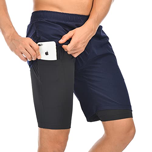 HomyComy Pantalones Cortos de Running para Hombre,Pantalón Corto Deporte Hombre para Correr 2 en 1 con Compresión Interna y Bolsillo Azul Oscuro XL Cover