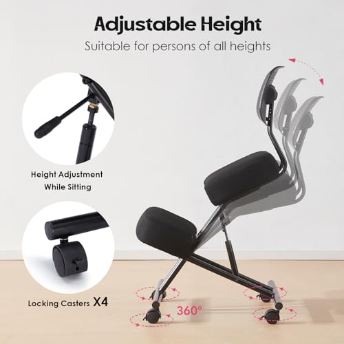 Image of Kneeling Chair with Backrest Adjustable Linen Ergonomic Home Office Chair | Improve Posture Chair with Brake Rolling Wheels Thick Cushion Work Stool Back Pain Relief