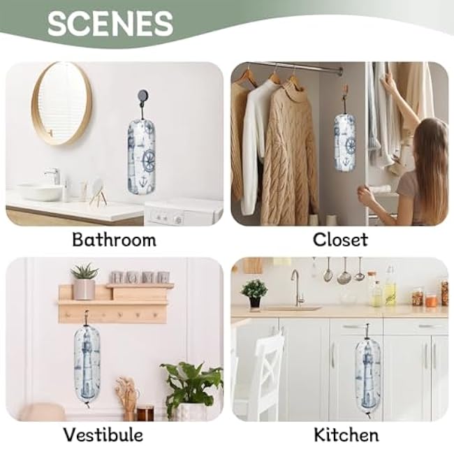 2 Pcs Nautical Lighthouse Plastic Bag Holder Sailboat Anchor Grocery Bag Storage Dispenser Washable Hanging Shopping Bags Carrier Wall Mount Trash Bag Organizer for Kitchen Pantry