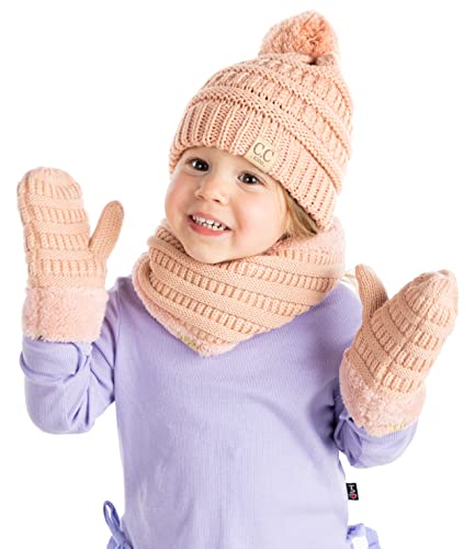 Image of Funky Junque Kids Matching Neck Warmer Scarf Soft Fuzzy Cuff Gloves Mittens Ribbed Knit Pom Pom Beanie Bundle Boy Girl