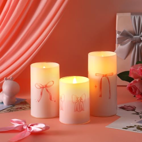 Image of Tujoe 3 Pcs Valentines Flameless LED Candle with Remote Coquette Pink Bow Candles Pillar Candle Set Battery Operated Romantic Valentine Decorations for Home Wedding Bachelorette Bridal Birthday