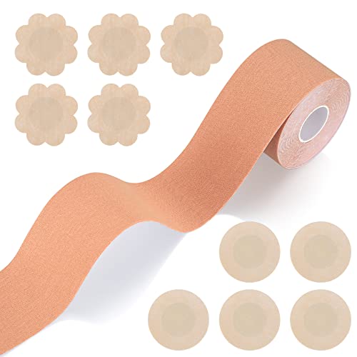 Klebe BH Tape, Brust Push Up Tape, Boob Tape, Lift Up Bruststraffungsband mit 5 Paar Nippelpads für A-E Cup Große Brust Rückenfreies Kleid Abendkleider Ballkleider Brautkleider, 5cm*5m