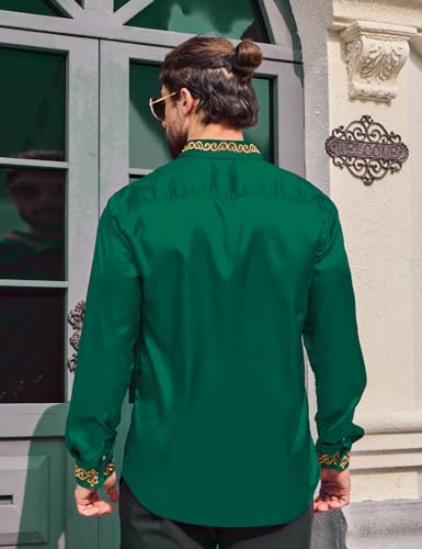 Men's Luxury Satin Dress Shirt Shiny Embroidery Silk Long Sleeve Button Up Shirts Prom Wedding Party Shirt3