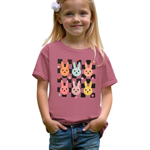 Image of CM C&M WODRO Kid Girl Easter T-Shirt Cute Bunny Flower Checkered Print Tees Summer Short Sleeve Shirt Tops 7-12 Years