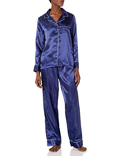Amazon Brand - Mae Women's Satin Notch Collar Pajama Set, Navy, MEDIUM