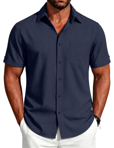Image of COOFANDY Men's Button Down Shirts Short Sleeve Casual Shirts Summer Beach Linen Shirts with Pocket