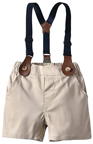 Sangtree Baby Boys Dress Clothes, Toddlers Short Sleeves Button Down Vertical Stripes Dress Shirt With Bowtie + Suspender Shorts Set Summer Gentlemen Outfit, Blue, 3-4 Years/Tag 120 #TOP3