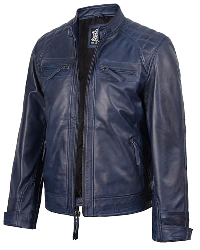 Image of fjackets Mens Leather Jacket Moto Style Real Lambskin Leather Jacket, Quilted Cafe Racer Classic Zip Up Biker Jacket for Men