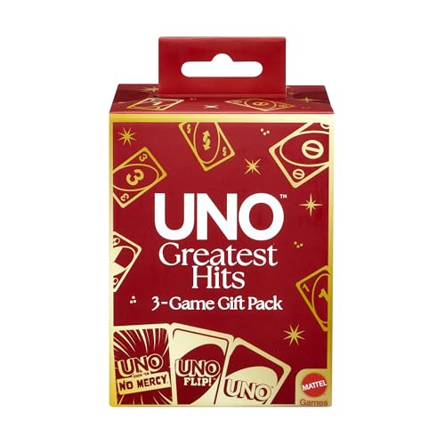 Image of ​Mattel Games UNO Greatest Hits Gift Pack with 3 Card Games, UNO, UNO Flip & UNO Show 'em No Mercy for Kids, Teens, Grown-Ups & Family Nights & Parties