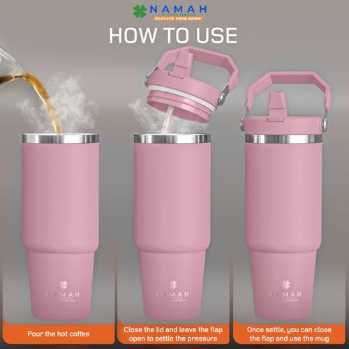 Image of Namah Insulated Tumbler with Straw 890 ml & Handle Leak Proof Stainless Steel Vacuum Sipper Bottle Hot & Cold Water Tumbler for Office Gym Travel Car Cup Holder Friendly (Bubblegum-pop)
