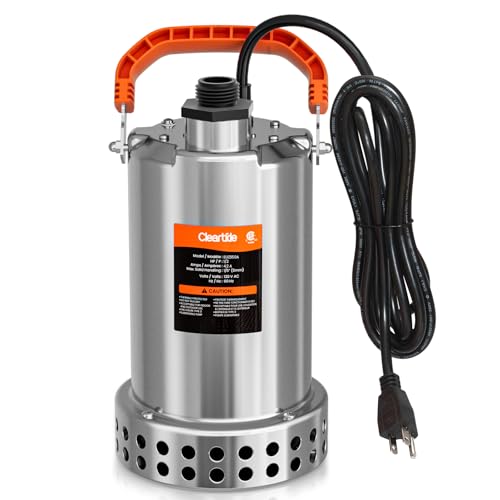 Image of Cleartide Stainless Steel Submersible Utility Water Pump, 1 /2 HP 3180 GPH, Thermoplastic Portable Plug & Work, Ideal for Pool, Flooded Basement, Hot Tub, Pond & Garden Draining, 10 FT Cord