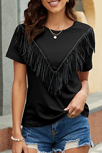 PESION Women's Fringe Trim Shirts Short Sleeve Tassel Trim Blouse T-Shirt Tops4