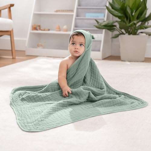 Image of Comfy Cubs Hooded Baby Towel 2-Pack, Large 32 x 32 Inch - 6 Layer 100% Muslin Cotton for Babies, Toddlers, Kids - Soft & Absorbent Baby Bath Towels - Unisex Design for Bath Time, Pacific Blue and Fern