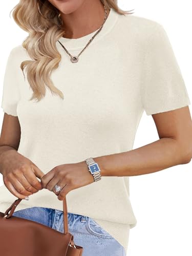 Womens Short Sleeve Sweater Fall 2025 Business Casual Outfits Crewneck Lightweight Thin Sheer Knit T-Shirt Top2