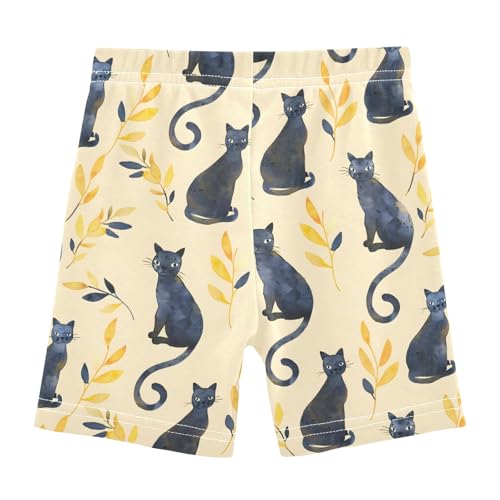 Watercolor Black Cat and Leaf Girls Shorts Elastic Waist Sports Shorts Girls Leggings Pants for 4-10 Years2