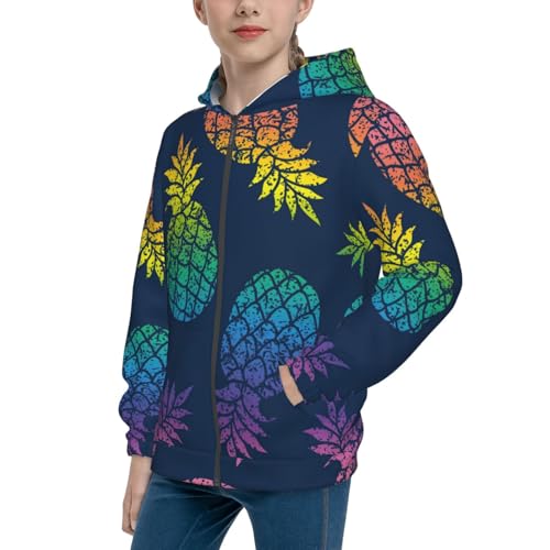 Abstract Bright Pineapple Fruit Retro Kids Pullover Hoodies Boys Zip Up Sweatshirts Girls Athletic Clothes with Pocket