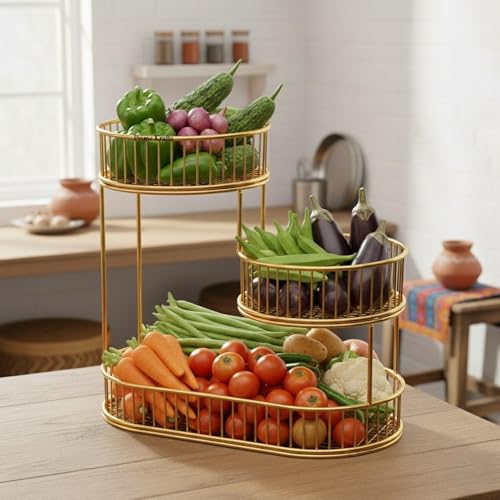 Image of 3 Tier Metal Wire Fruit Basket Bowl for Kitchen | Countertop Kitchen Storage Basket for Fruits, Vegetables and Snacks - Gold