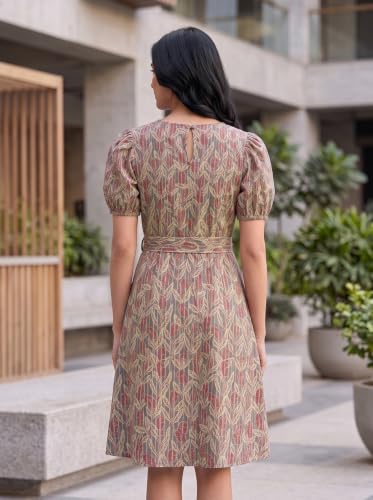 Image of HELLCAT Women Floral Fit & Flare Midi Dress | Round Neck, Puff Short Sleeve, Waist Tie-Up Belt | Casual Brunch Wear, Western One Piece, A-Line Long Frock, Summer Party Outfit