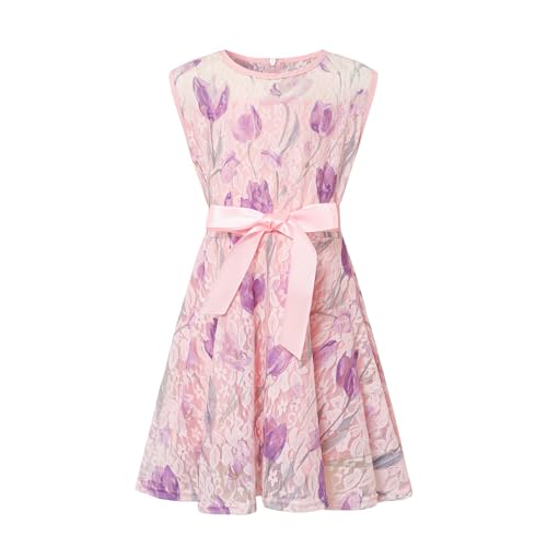 Girls' Sleeveless Floral Print Lace Tank Mini Dress with Belt