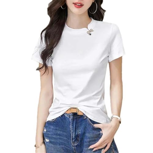 T-shirt chinois court pour femme à col boutonné et manches courtes style décontracté