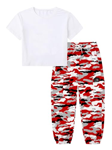 Image of Betusline Girls 2 Piece Set, White Cute Short Sleeve Crop Tops + Red Camo Cargo Jogger Pants Clothes, 11-12Y = Tag 160