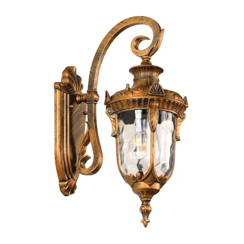 Outdoor Wall Lights, Waterproof Aluminum Porch Wall Light for Outside House, Patio, Yard, Garden, Gold Gooseneck Exterior Wall Sconce, Hardwired Outdoor Acorn Shape Lantern Lamp, Water Ripple Glass