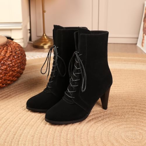 Women's Round Toe Dressy Ankle Boots Lace Up Suede Comfort Kitten Heel Winter Elegant Short Booties2