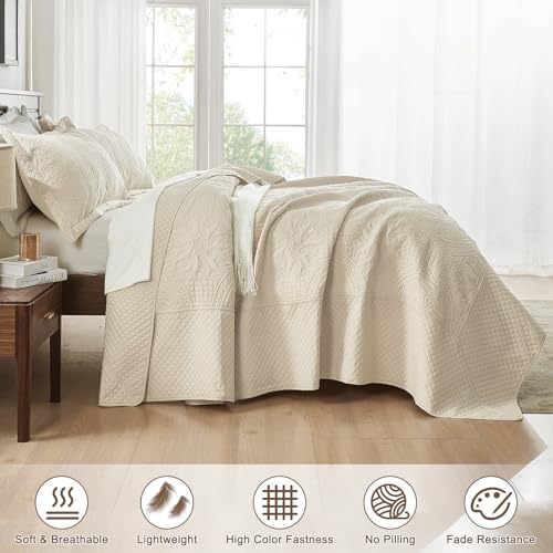 Qucover Oversized King Bedspread 128x120, Soft Microfiber California King Quilt Set, 3 Piece Bed Spreads, Ultrasonic Quilting Vintage Pattern, Beige