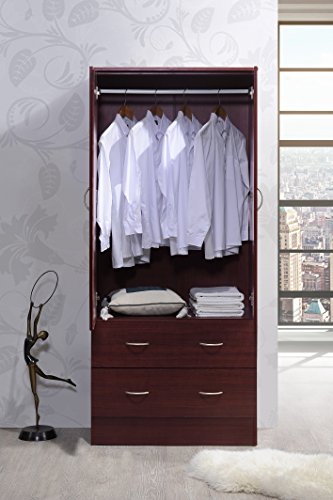 Hodedah Two Door Wardrobe, with Two Drawers, and Hanging Rod, Mahogany
