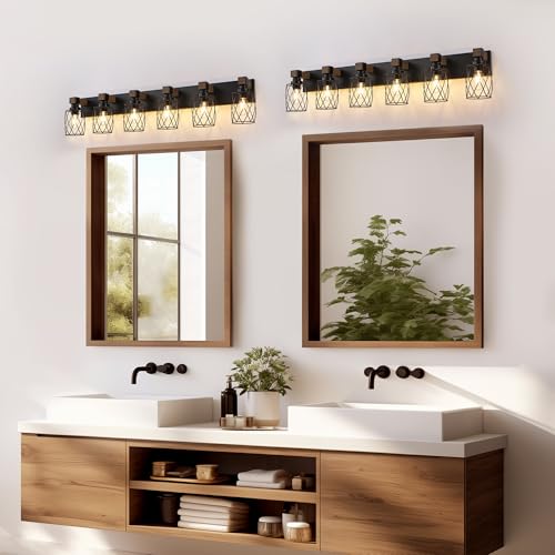 Image of Farmhouse 6-Light Wood Bathroom Vanity Light, Black Metal Cage Shade | Mounted Over Mirror, Industrial Rustic Style, Ideal for Bathroom, Bedroom, Hallway & Living Room, Easy To Install