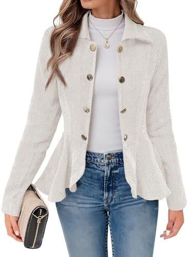 Cicy Bell Elegant Women Blazer Business Work Office Peplum Hem Jacket Open Front Herringbone Coats