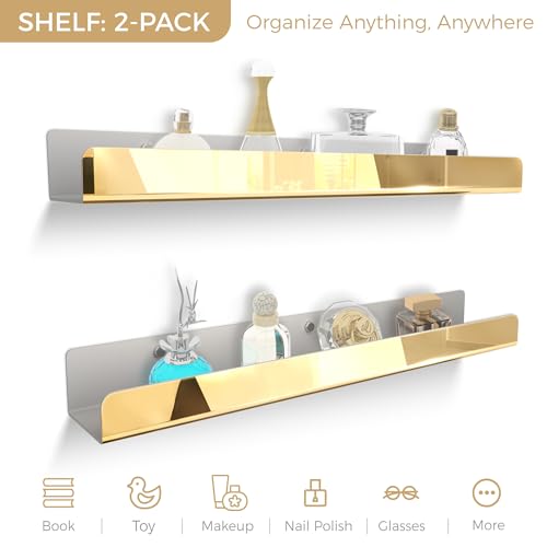 Image of 2 Packs 24 inches Gold Acrylic Shelves,Book Shelf for wall