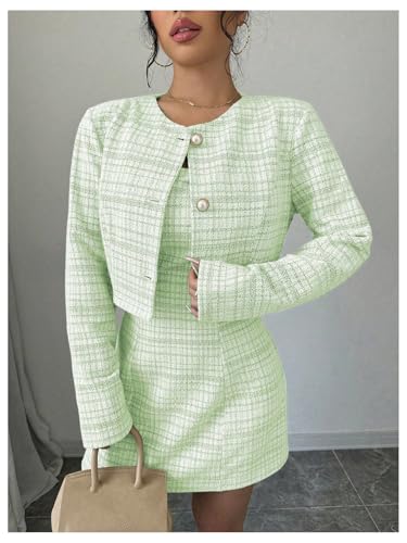 Image of SOLY HUX Women's 2 Piece Outfits Plaid Long Sleeve Button Down Cropped Jacket and Sleeveless Mini Dress Sets