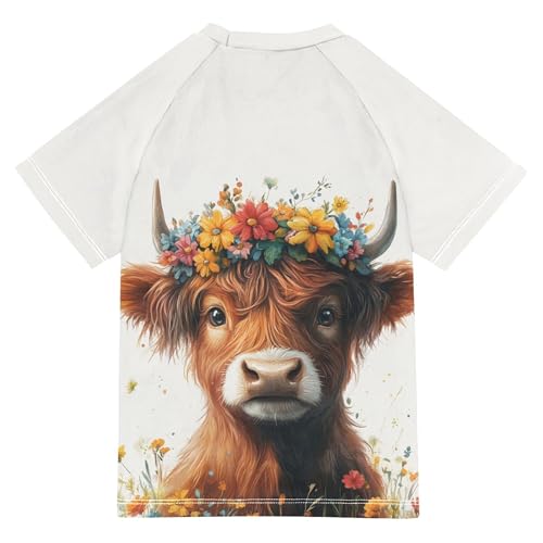 Scottish Highland Cow with Floral Crown Bathing Suit Girls UV Protection Workout Shirts Swimwear Beach Tops 3T2