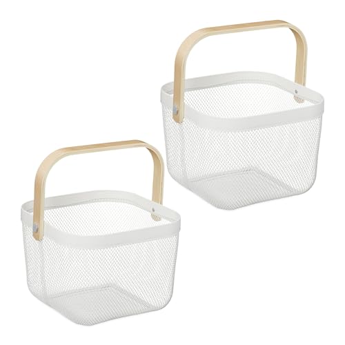 Relaxdays Panier de Rangement, Lot de 2, HxLxP : 17,5 x 26 x 24,5 cm, métal et Bambou, avec Anse, Blanc
