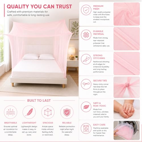 Image of BENAVJI Foldable Machardani Single Bed | Pure Cotton Mosquito net (Pink, 3.5FT X 6FT) | Strong, Breathable, Lightweight, Portable & Ideal for Daily Usage | Full Protection for Home & Travel