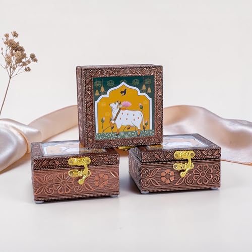 Image of Handcrafted Wooden Jewellery Box Copper Metal Finish (4 x 4 inch) - Pack of 3 | Oxidized Pichwai Cow Design | Decorative Organizer | Storage Box for Women Puja Festive Gifting | Royal Teal