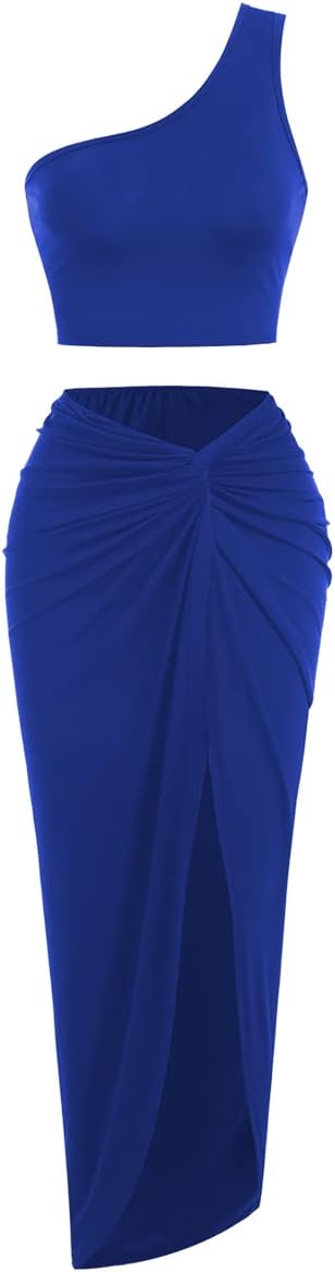 ZAFUL Women's Casual Sleeveless Summer Two Piece Outfits Crop Top and Side Split Draped Ruched Maxi Skirt Set Solid Suiting